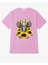 Load image into Gallery viewer, Camiseta feminina de manga curta com estampa de girassol e elefante redondo

