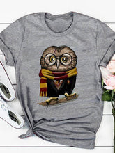 Load image into Gallery viewer, Camiseta feminina de manga curta estampada coruja com gola redonda
