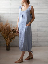 Load image into Gallery viewer, Vestido feminino de linho de algodão sem mangas de cor sólida
