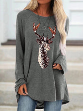 Load image into Gallery viewer, Camiseta folgada com apliques de animais de veado e gola redonda com brilhantes e mangas compridas na metade do comprimento
