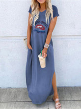 Load image into Gallery viewer, Vestido feminino estampado com gola redonda e bolsos
