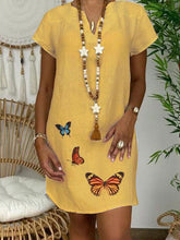 Load image into Gallery viewer, Vestido feminino com estampa de borboleta com decote em V solto de algodão e linho
