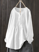 Load image into Gallery viewer, Camisa plisada de mujer de algodón y lino con cuello redondo
