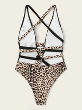 Load image into Gallery viewer, Traje de baño de una pieza con lazo de leopardo en contraste
