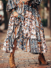 Load image into Gallery viewer, Vestido largo bohemio con botones retro Vestido con dobladillo con volantes
