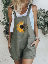 Load image into Gallery viewer, Short cotton and linen jumpsuits with sunflower butterfly print
