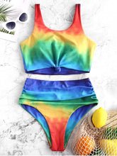 Load image into Gallery viewer, 【Artículo caliente de verano】 Traje de baño Tankini con efecto tie dye arcoíris con nudo fruncido (S-2XL)
