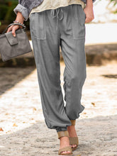 Load image into Gallery viewer, Calça casual de algodão liso e linho com bolso para senhora
