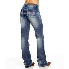Load image into Gallery viewer, Embroidered and distressed bootcut jeans with beading
