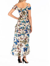 Load image into Gallery viewer, Falda retro con estampado de mariposas falda larga de gasa con escote en V profundo y eslinga irregular
