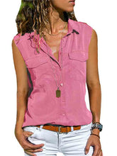 Load image into Gallery viewer, Camisa feminina de lapela de algodão e linho sem mangas
