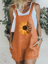 Load image into Gallery viewer, Short cotton and linen jumpsuits with sunflower butterfly print
