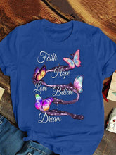 Load image into Gallery viewer, T-shirt feminina de manga curta com estampa de borboleta para senhoras, decote redondo, fé, esperança, amor, acreditar, sonho
