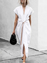 Load image into Gallery viewer, Vestido de linho de algodão com decote em V em cor sólida
