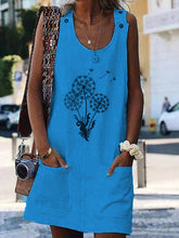Load image into Gallery viewer, Women's Dandelion Print Pocket Button Cotton Linen Dress
