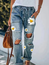 Load image into Gallery viewer, Jeans casuais com orifício de cordão com estampa margarida para mulheres
