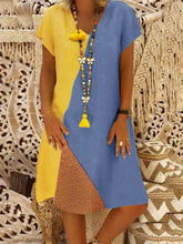 Load image into Gallery viewer, Vestido curto tricolor de algodão e linho com decote em V
