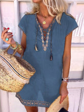 Load image into Gallery viewer, Women's cotton and linen embroidered V-neck dress
