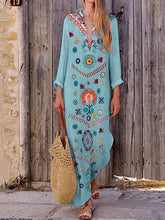 Load image into Gallery viewer, Vestido feminino com estampa de manga comprida de algodão e linho com decote em V
