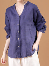 Load image into Gallery viewer, Camisa casual feminina de algodão e linho com decote em V
