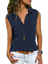 Load image into Gallery viewer, Camisa feminina de lapela de algodão e linho sem mangas
