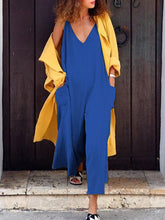 Load image into Gallery viewer, Macacão feminino com bolso em V de algodão e linho
