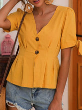 Load image into Gallery viewer, Short-sleeved button-down cotton and cotton T-shirt for women
