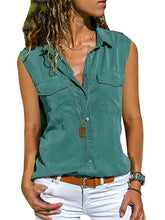 Load image into Gallery viewer, Camisa feminina de lapela de algodão e linho sem mangas
