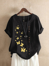 Load image into Gallery viewer, Camisa feminina de algodão e linho com estampa borboleta e gola redonda
