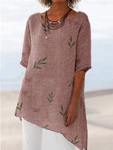 Load image into Gallery viewer, Camiseta de mujer de algodón y lino con cuello redondo y estampado floral retro
