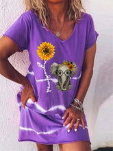Load image into Gallery viewer, Vestido camiseta holgado de manga corta y estampado de girasol con cuello de pico
