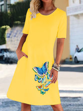 Load image into Gallery viewer, Solid Color Round Neck Butterfly Print Four Color Dress
