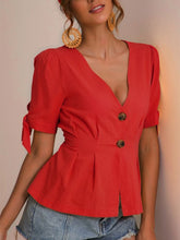 Load image into Gallery viewer, Short-sleeved button-down cotton and cotton T-shirt for women

