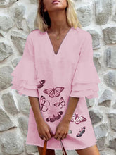 Load image into Gallery viewer, Short V-neck dress in cotton and linen printed with butterflies
