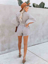 Load image into Gallery viewer, Wide striped cotton and linen jumpsuit with short sleeves and V-neck
