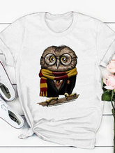Load image into Gallery viewer, Camiseta feminina de manga curta estampada coruja com gola redonda
