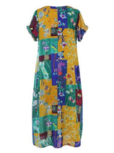 Load image into Gallery viewer, Vestido de linho de algodão de manga curta estampado patchwork
