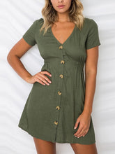 Load image into Gallery viewer, Vestido feminino de algodão e linho com decote em V com decote em V
