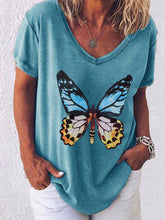 Load image into Gallery viewer, Women's Butterfly Print Short Sleeve V-Neck T-Shirt
