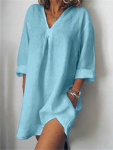 Load image into Gallery viewer, Camisa longa de linho, bolso com decote em V, manga 3/4, top
