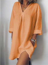 Load image into Gallery viewer, Camisa longa de linho, bolso com decote em V, manga 3/4, top
