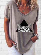 Load image into Gallery viewer, Women's V-neck Cat Print T-shirt
