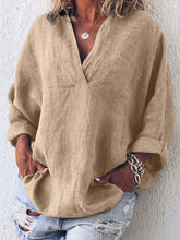 Load image into Gallery viewer, Europe and the United States V-neck cotton and linen long-sleeved loose fit shirt
