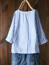 Load image into Gallery viewer, Long Sleeve Round Neck Striped Linen Shirt
